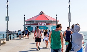 tourists walking to a local ice cream shop by a boardwalk