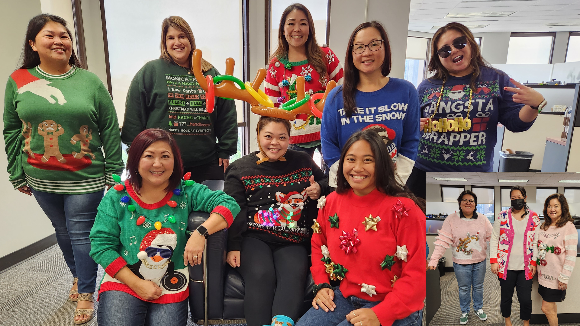 ugly sweater competition at atlas insurance with the winning member and runner up contestants