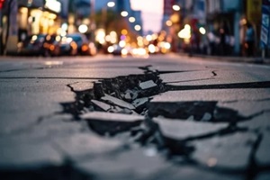 in a busy city street, there is a road with a long crack, depicting the effects of an earthquake