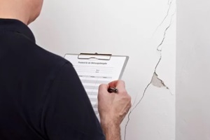 inspection checklist in front of a white wall with a long crack or rip and a piece of plaster missing