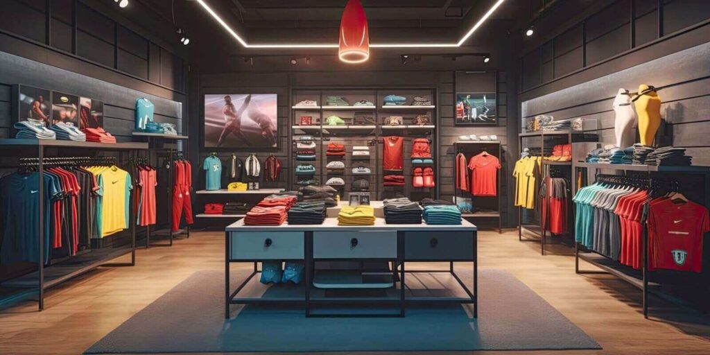 trendy sports clothes apparel collection showcased in a sports store setup