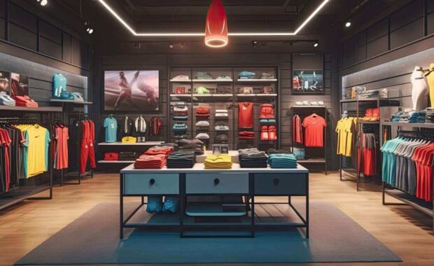 trendy sports clothes apparel collection showcased in a sports store setup