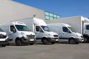 van transportation fleet of cargo trucks courier service truck park