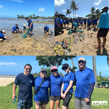 this is a photo collage of Atlas Insurance Agency employees working at a beach park cleanup