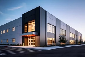 sleek steel exterior of modern warehouse office building