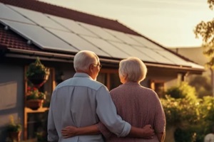 smiling elderly couple standing in front of their cottage in the evening
