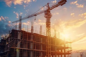 Atlanta construction site with building under construction at sunset, cranes and scaffolding visible