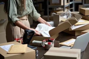 female online store small business owner seller entrepreneur packing package post shipping box preparing delivery parcel on table in Hawaii