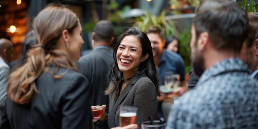 group of professionals socialize and network during a happy hour event in an outdoor city setting