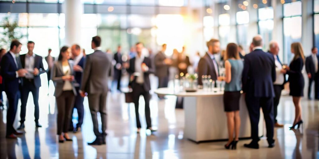 reception area of a Hawaii corporate event with attendees blurred in the background