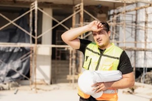 tired sweating construction worker on building site under sunlight