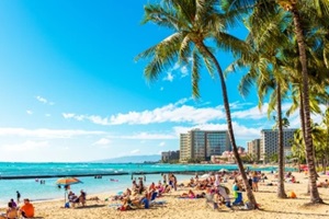 view of the sandy Waikiki city beach