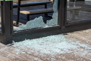 Broken glass in business window