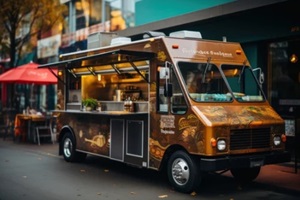 open retro food truck with delicious dishes