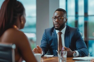 a HW banker advising clients in a private office