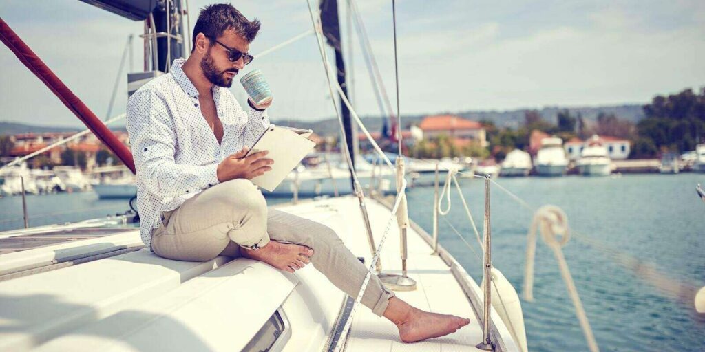 relaxed business owner working on the yacht in Hawaii