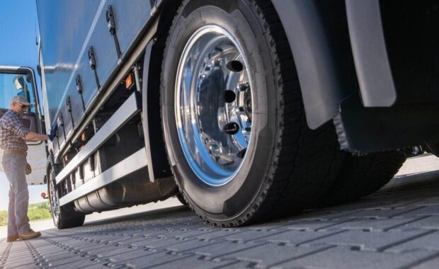 trucker Inspecting semi-trailer tire