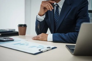 banker in a suit works at a desk handling loans, analyzing client financial data