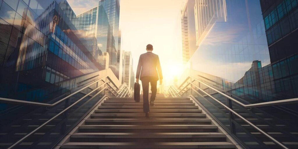 view of businessman walking up stairs on city background