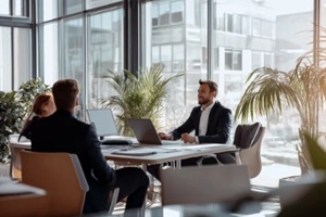 private client insurance agent sitting with clients in a office