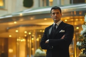 luxury hotel doorman in uniform standing by a black car in front of an upscale hotel entrance