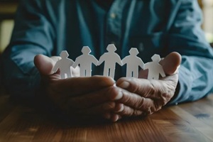 man holding hands above small paper white human figures