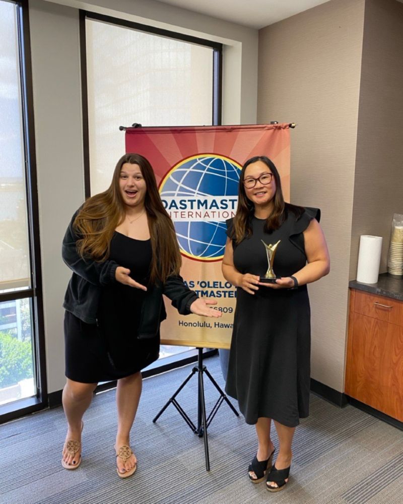this is a photo of Katherine Shofran and Jana Mukogawa from Atlas Insurance Agency at the monthly Toastmasters meeting