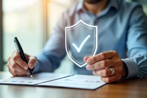 man signs life insurance investment documents