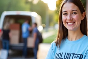 smiling caucasian woman non-profit volunteer helping unload boxes, charity