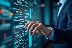 business man using computer hand close up futuristic cyber space decentralized finance AI chatbot coding background