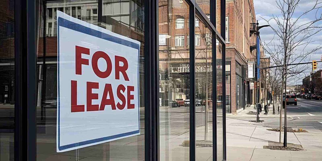 commercial storefront with for lease sign on glass window in urban street setting