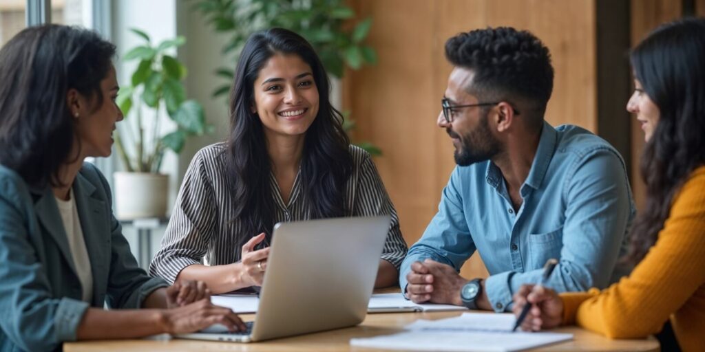 indian non-profit insurance agent providing benefits counseling to employees in a modern office setting