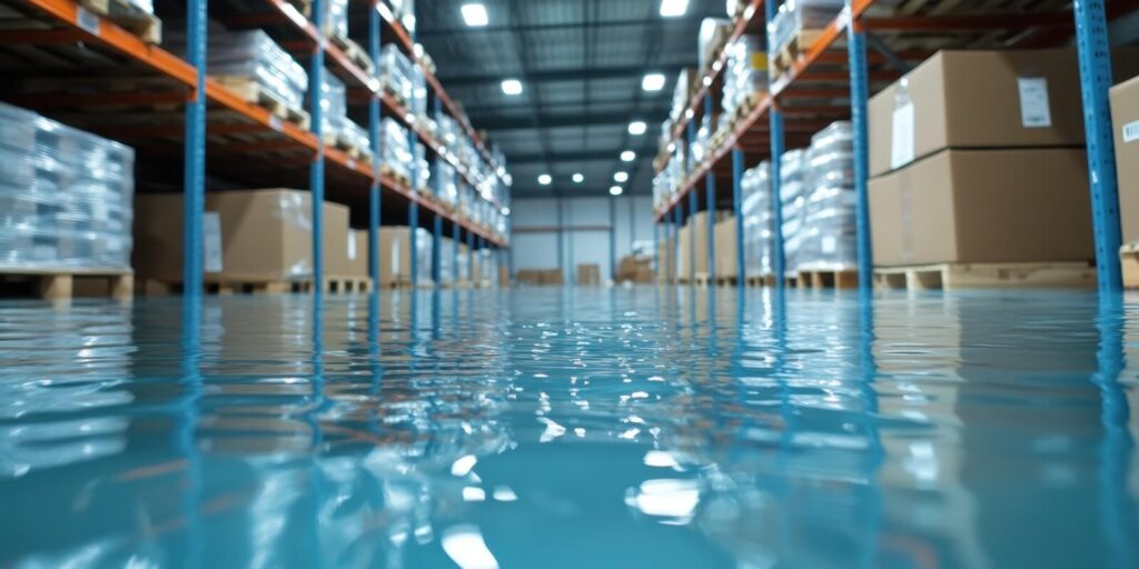 flooded warehouse interior, water covering floor on Hawaii commercial property
