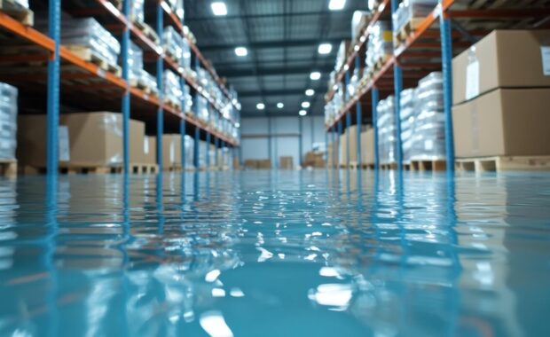 flooded warehouse interior, water covering floor on Hawaii commercial property