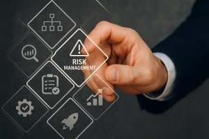 Hand Touching Risk Management Icon on Digital Screen
