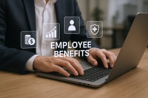 Man Working on Laptop with Digital Icons Representing Employee Benefits and Insurance