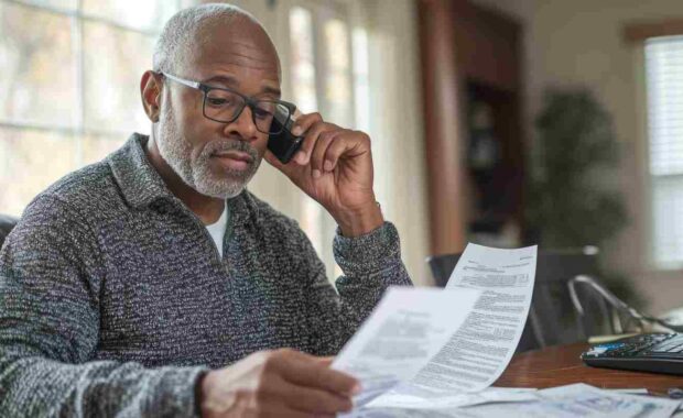 Agent Explaining Business Insurance Claim Process Client on Phone