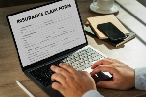 Businessman Filling Insurance Claim Form on Computer