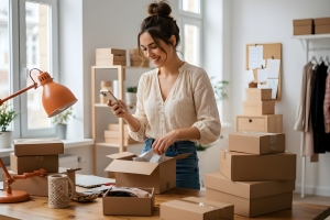 Home Based Business Owner Preparing Packages for Shipping