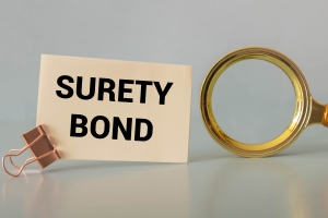 Note with Surety Bond Text Near Magnifying Glass