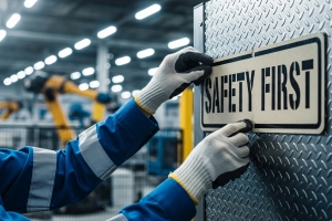 Woman Putting Safety First Board in Industrial Environments