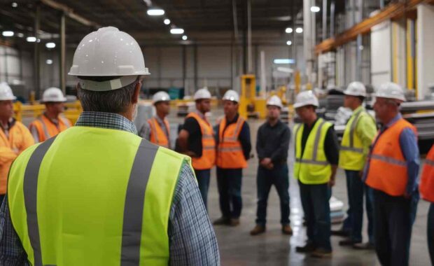 Workers Gathering in Large Warehouse for Safety Training