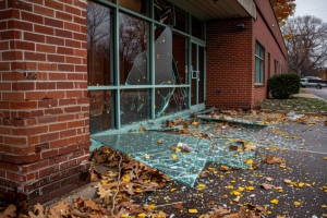 Broken Glass and Scattered Debris Outside A Brick Building Due to Vandalism