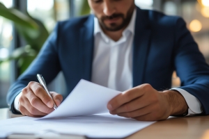 Businessman Reviewing Insurance Policy Before Sign