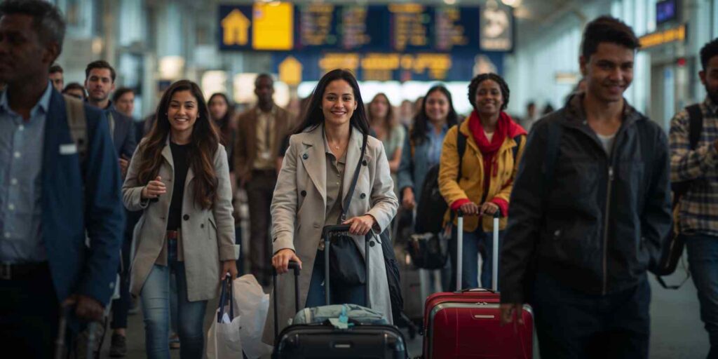 Group of Tourists with Suitcases Walking Through Airport Arrival