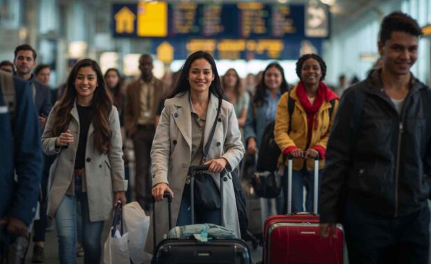 Group of Tourists with Suitcases Walking Through Airport Arrival