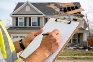 Inspector Filling Out an Insurance Form in Front of A Damaged Buiding