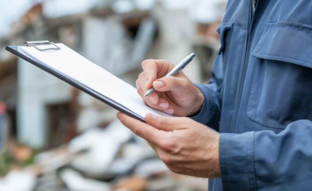 Insurance Adjuster Assessing Property Damage for Claim