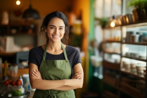 Smiling Female Local Business Owner Standing at Her Shop