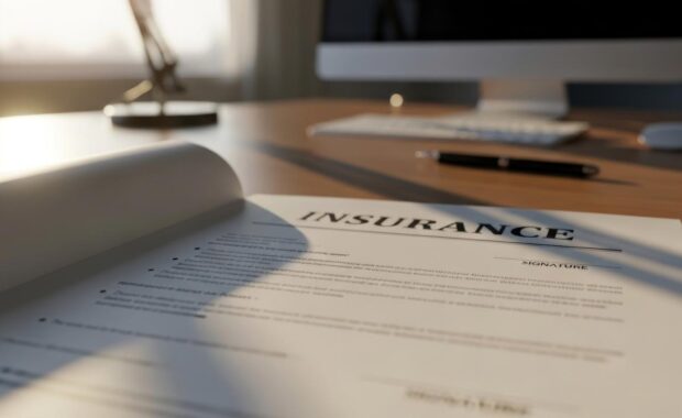 Office Desk with Insurance Document and Computer